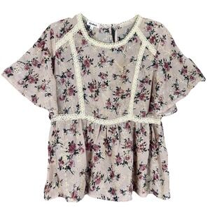 Kindred Anthropologie Floral Lace Peplum Blouse LG Chiffon Baby Boho Ruffle Top